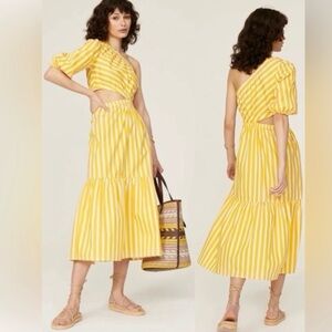 Rachel Roy Yellow Striped One-Shoulder Maxi Dress Cotton Size 14